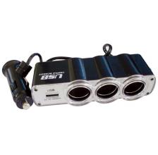 Разветвитель в гнездо прикуривателя SCP1-4U  (12/24V) на 3 гнезда (12V/5A) 80W +USBвход(5V/500Ma)